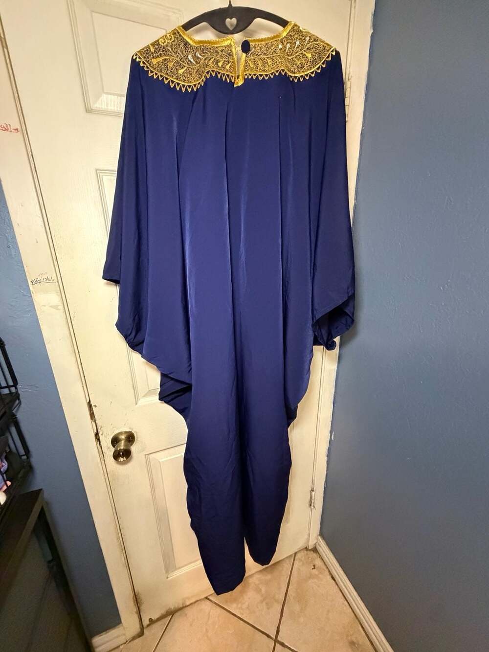 Aicha Broderie Abidjan African Boubou Kaftan Navy Gold Embroidered Maxi Dress - Picture 6 of 11